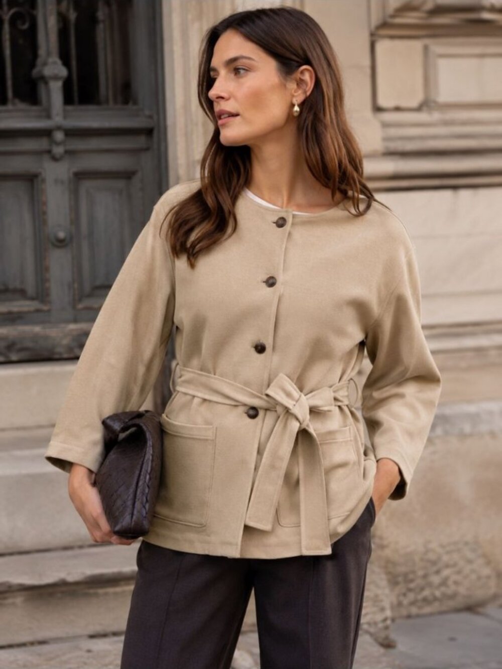 Banana Republic Belted Fall Jacket Beige Medium Minimalist Quiet Luxury Career